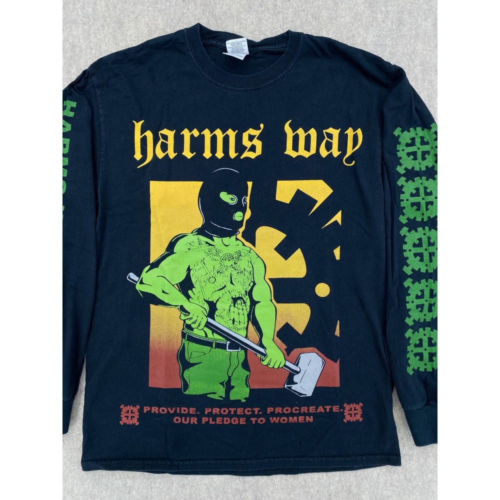 Harms Way Type O Long Sleeve Graphic T-Shirt Black Yellow Green Logo Mens Medium
